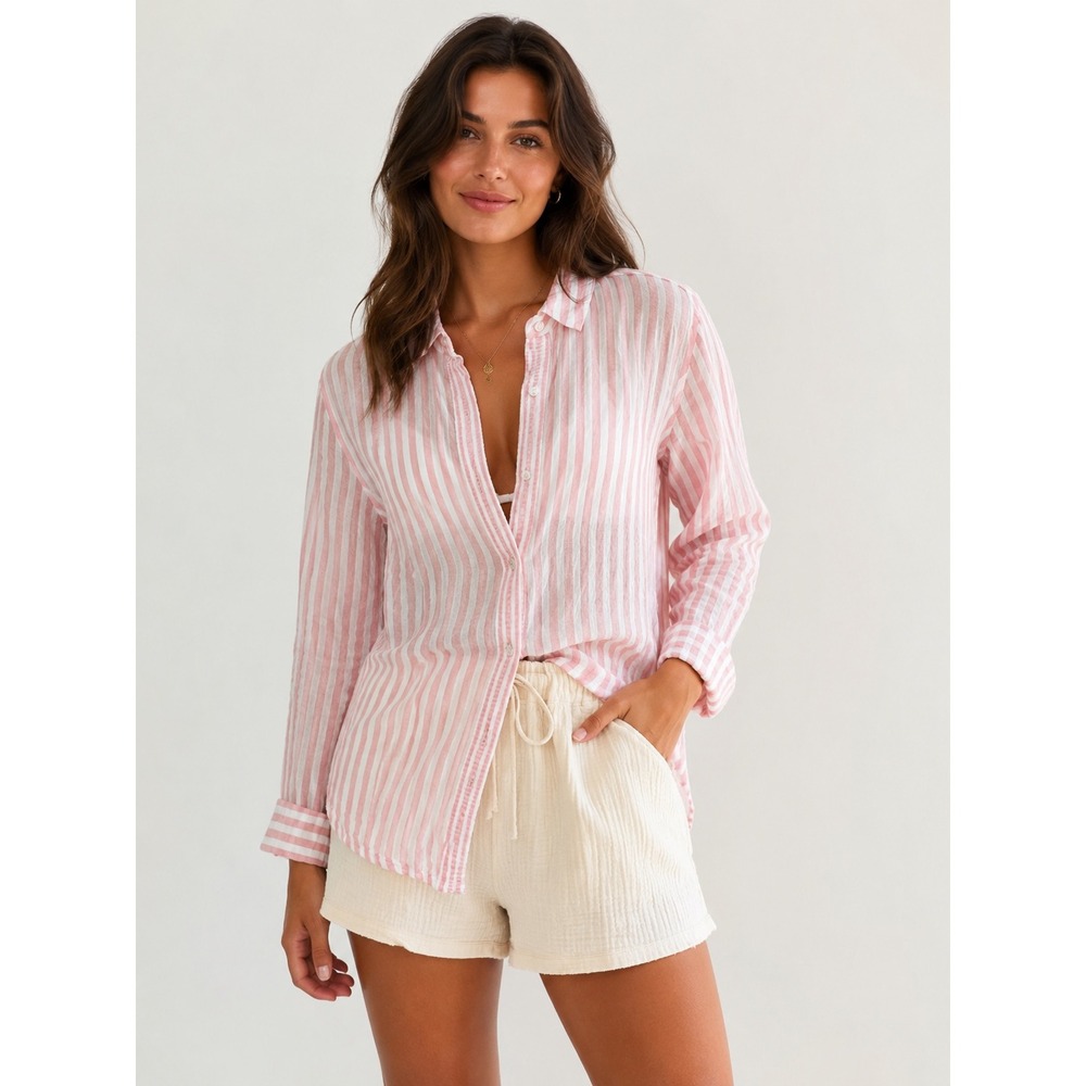 Jane + Delancey Pink White Striped‎ Crinkle Button Down Shirt Small High Low